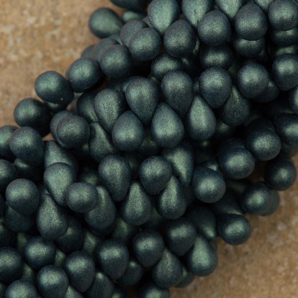 90 Czech 6x4mm Tear Drop Metallic Suede Dark Forest Beads (79052)