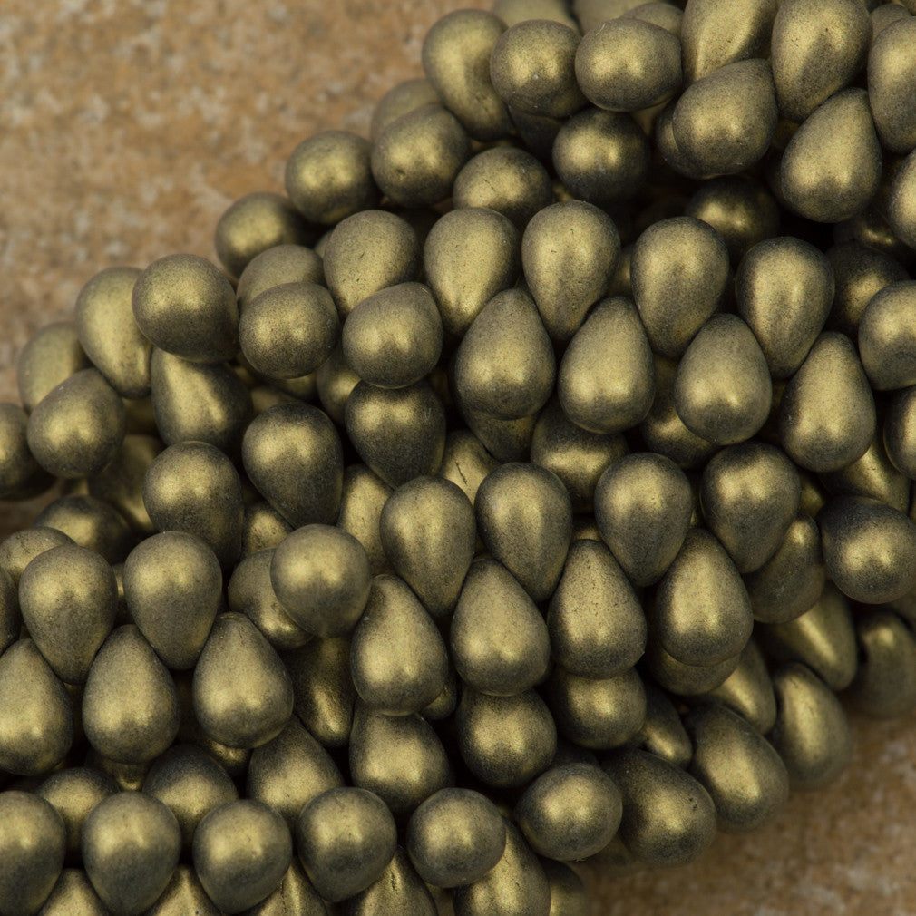 90 Czech 6x4mm Tear Drop Metallic Suede Gold Beads (79080)