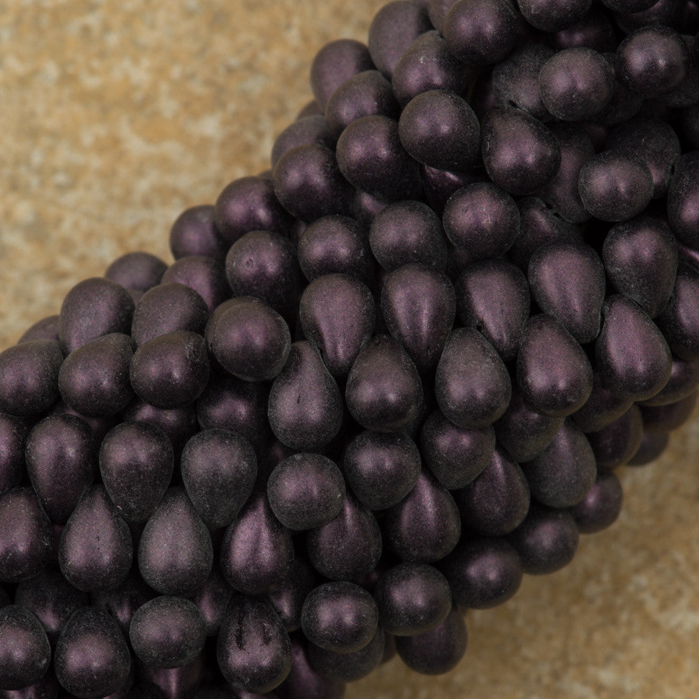 90 Czech 6x4mm Tear Drop Metallic Suede Dark Plum Beads (79083)