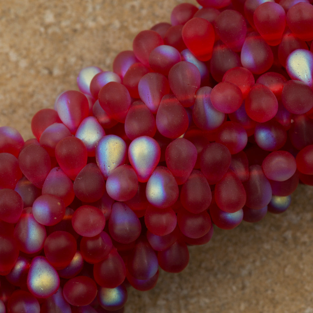 90 Czech 6x4mm Tear Drop Matte Siam Ruby AB Beads (90080MX)