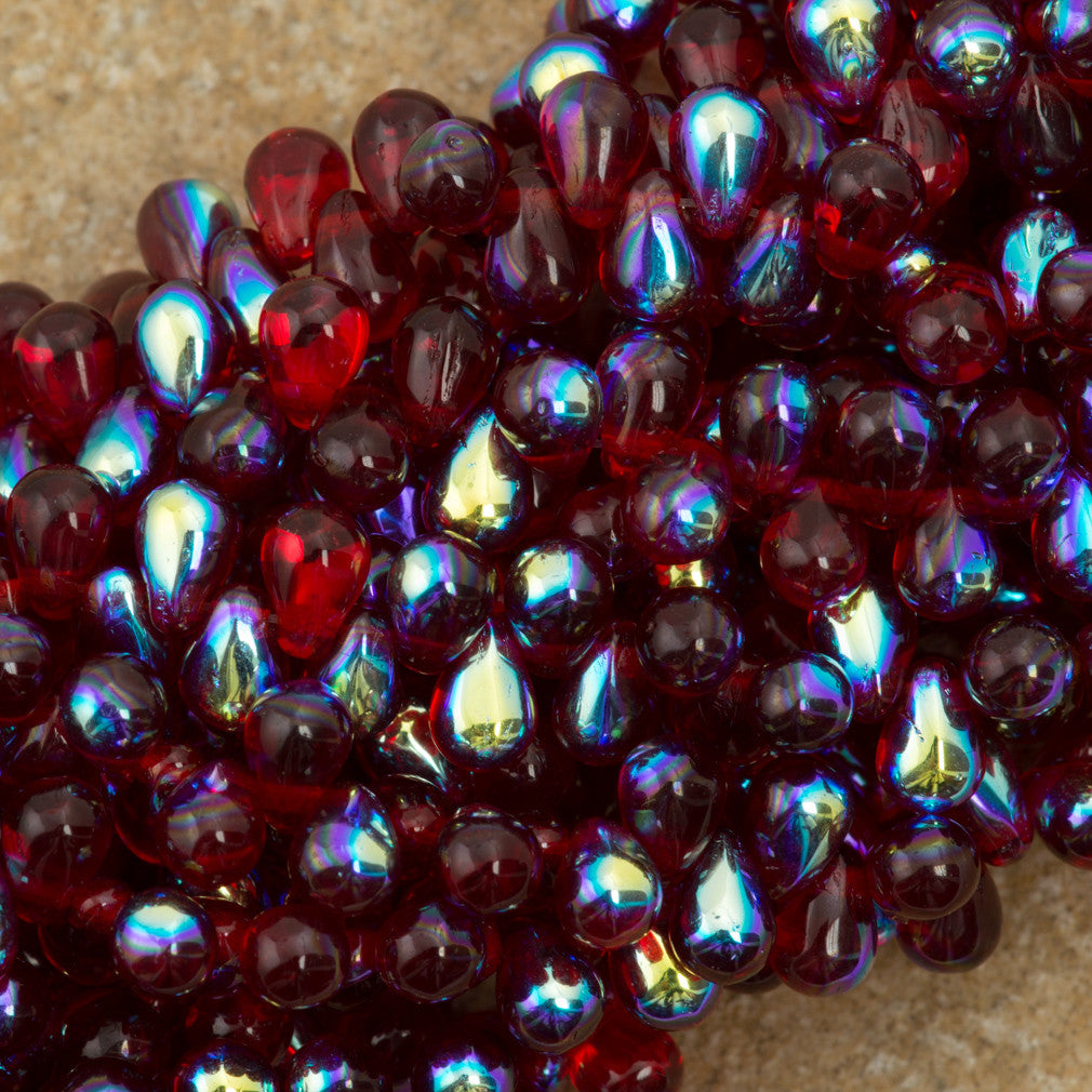 90 Czech 6x4mm Tear Drop Ruby AB Beads (90100X)
