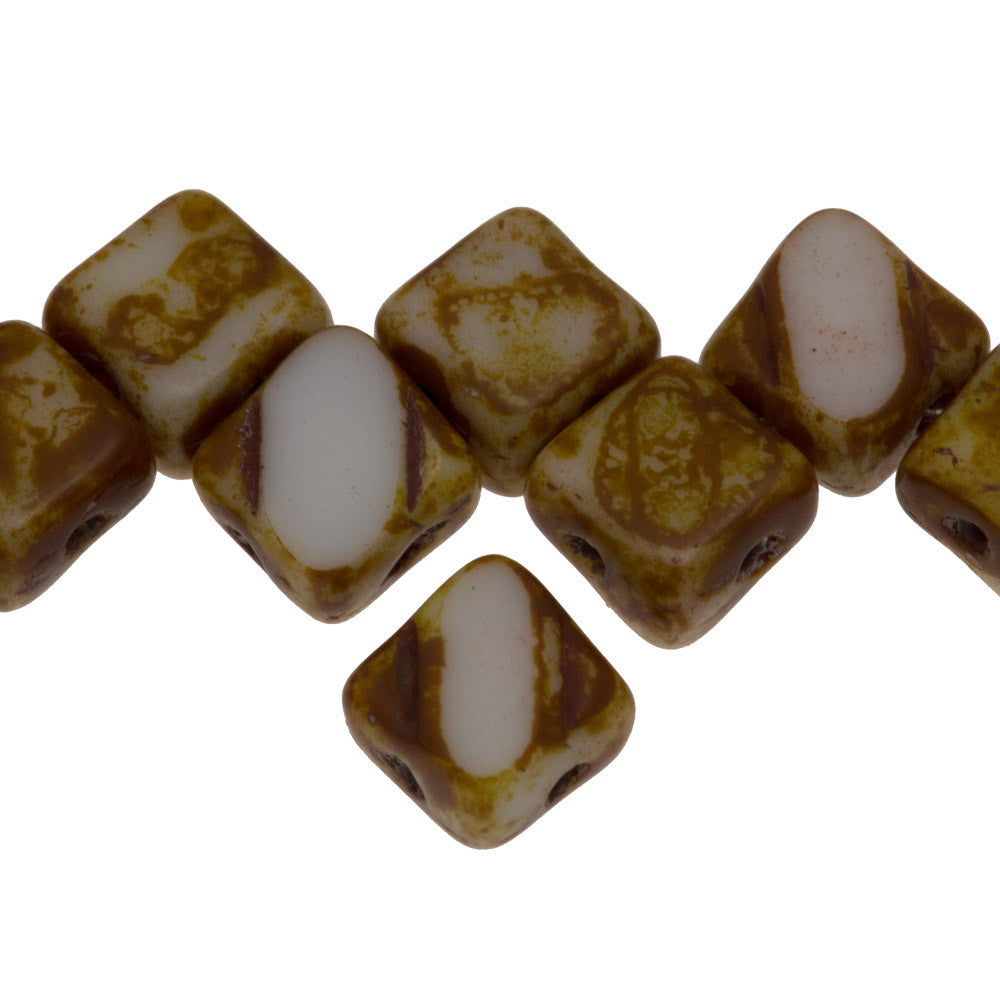 Czech Glass 6mm Two Hole Table Cut Silky Beads Opaque White Dark Travertin