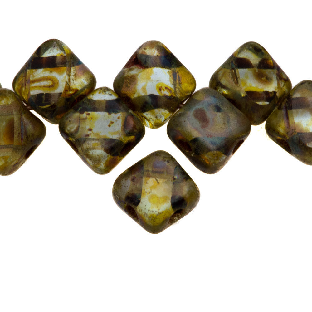 40 Czech Glass 6mm Two Hole Table Cut Silky Beads Alexandrite Picasso (20210T)