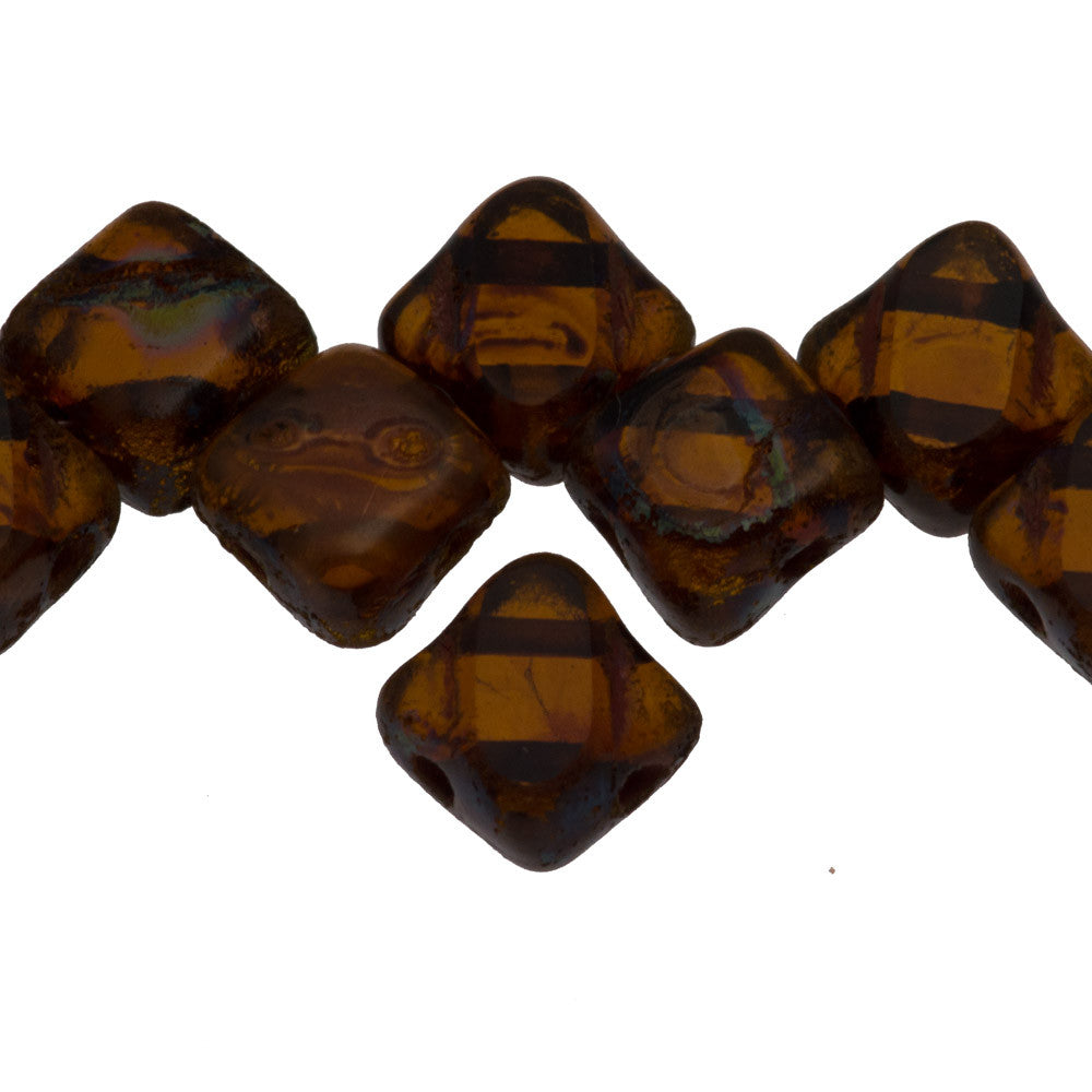 Czech Glass 6mm Two Hole Table Cut Silky Beads Dark Topaz Picasso