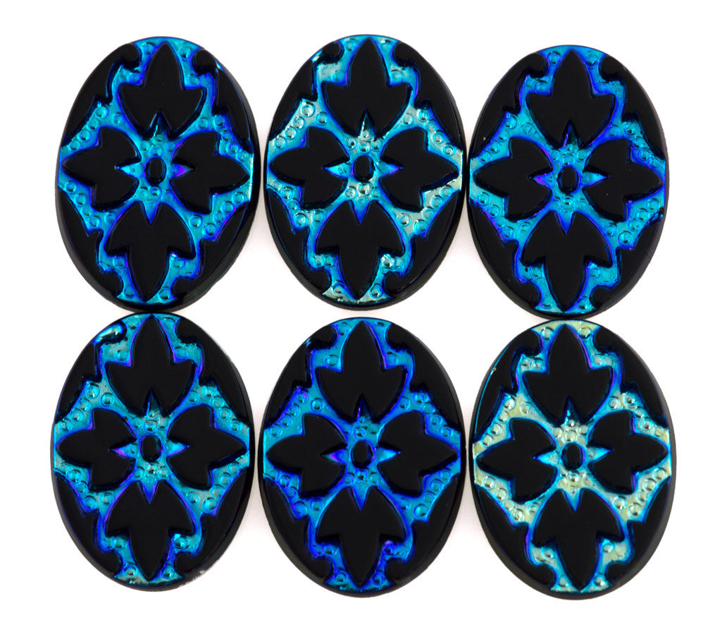 18x13mm Glass Oval Engraved Leaf Intaglio Jet Scarabe
