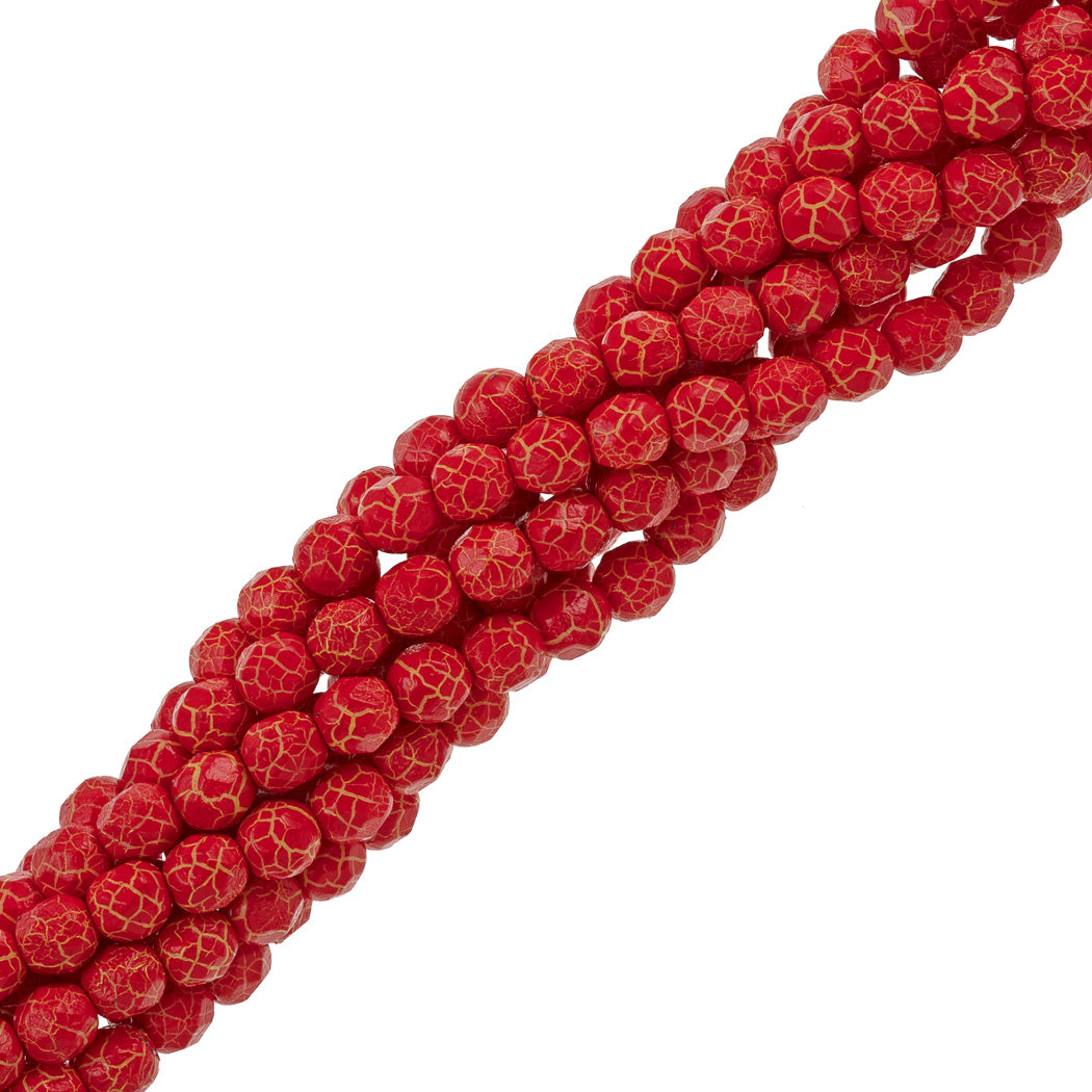 80 Fire Polish 4mm Ionic Red & Yellow Veins (24609)