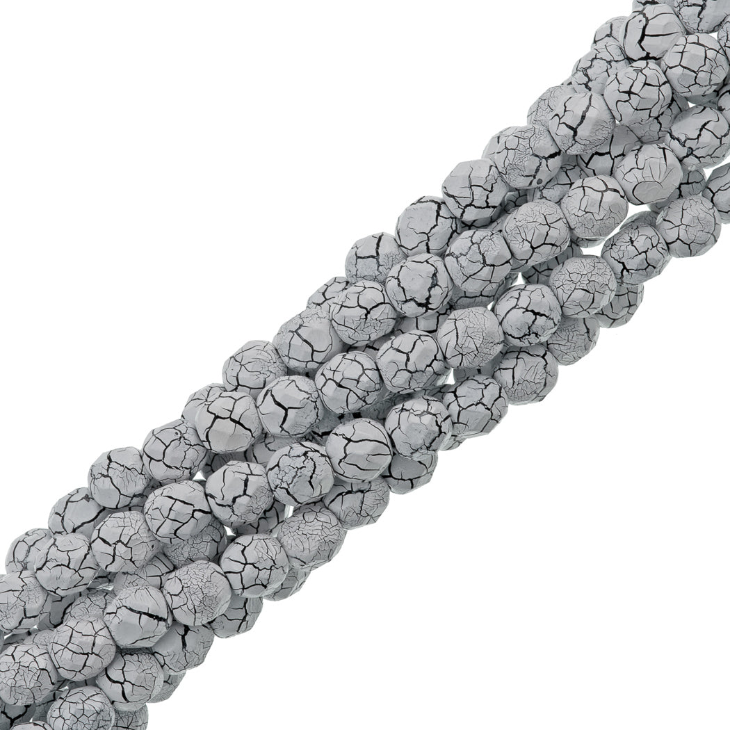 40 Fire Polish 8mm Ionic White & Jet Veins (24601)