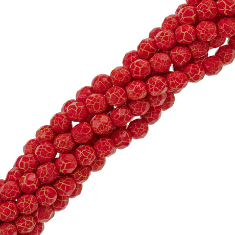 40 Fire Polish 8mm Ionic Red & Yellow Veins (24609)