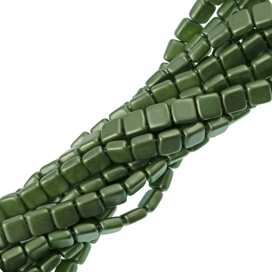50 CzechMates 6mm Two Hole Tile Beads Pearl Coat Olive (25034)