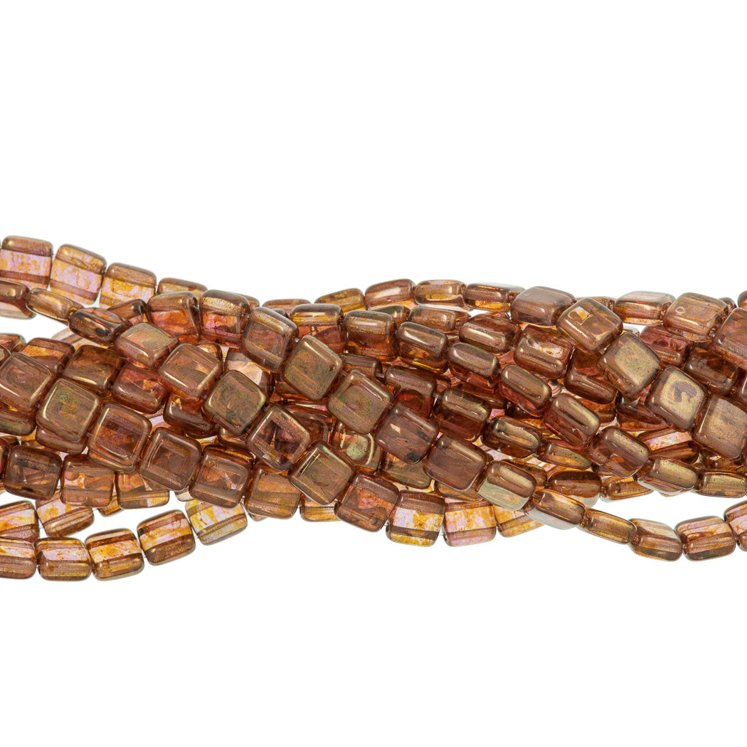 50 CzechMates 6mm Two Hole Tile Beads Transparent Topaz Gold Luster (15695)