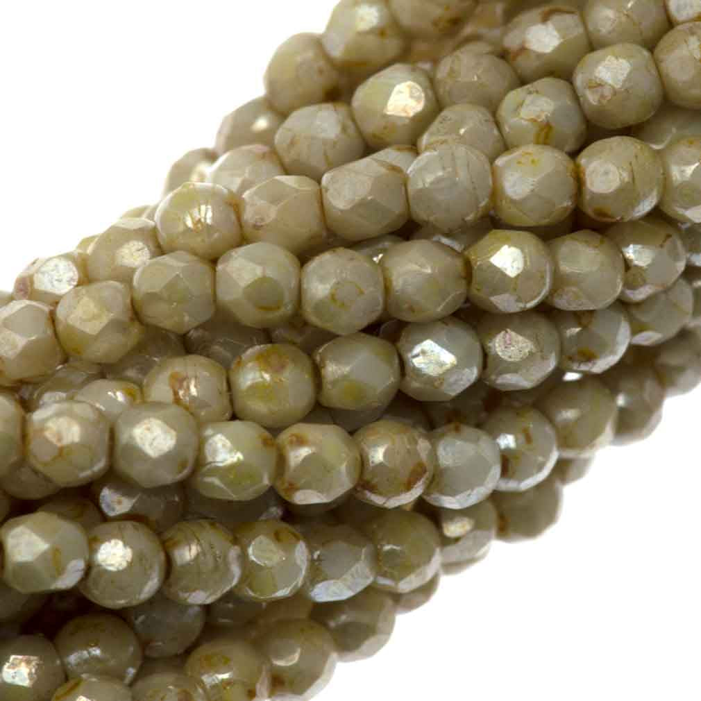 100 Czech Fire Polished 2mm Round Bead Opaque Cream Luster Picasso (65401P)