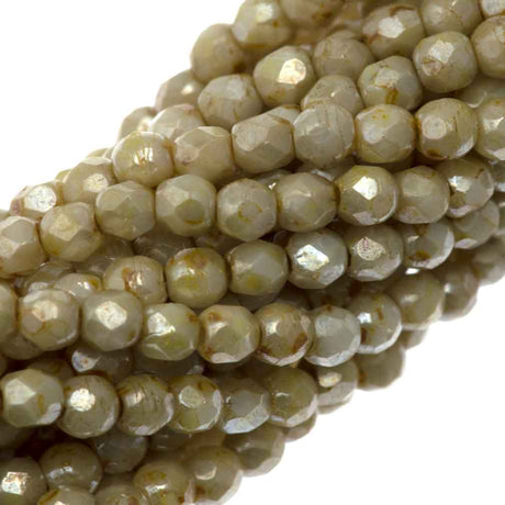 100 Czech Fire Polished 2mm Round Bead Opaque Cream Luster Picasso (65401P)
