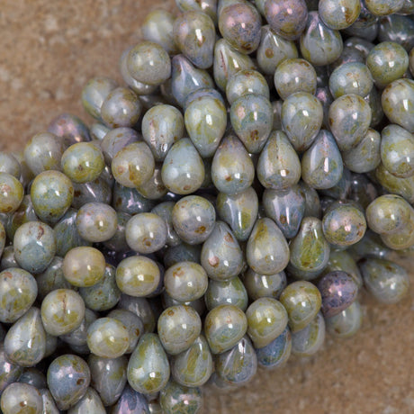 90 Czech 6x4mm Tear Drop Opaque Green Luster Beads (65431P)