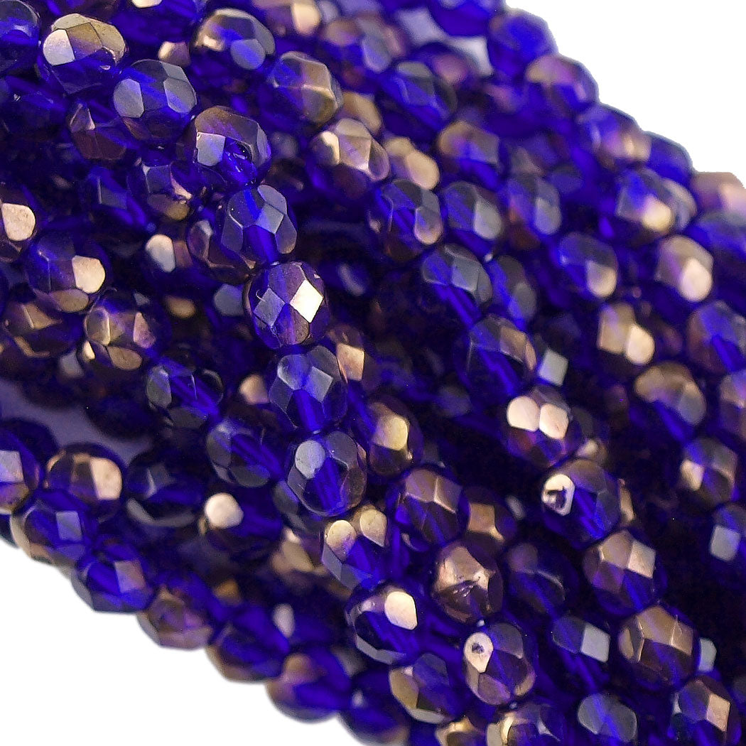 100 Czech Fire Polished 4mm Round Bead Cobalt Copper (30090C)