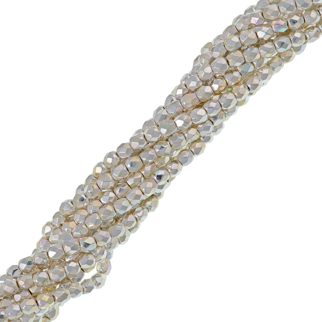 100 Czech Fire Polished 3mm Round Bead Silver Plated AB (00030SLPAB)
