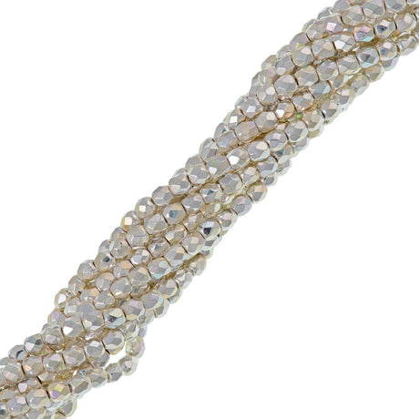 100 Czech Fire Polished 3mm Round Bead Silver Plated AB (00030SLPAB)