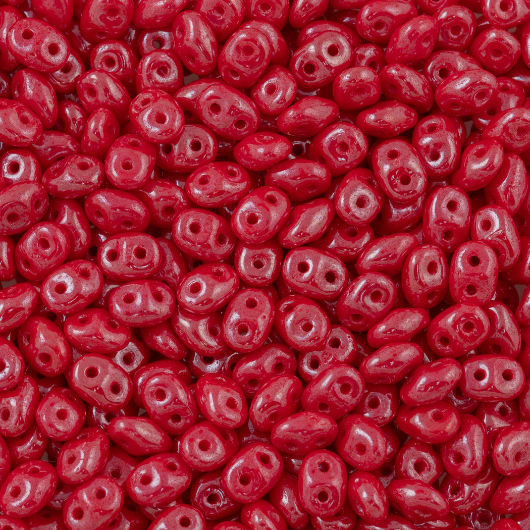 Super Duo 2x5mm Two Hole Beads Opaque Red White Luster (93200WL)