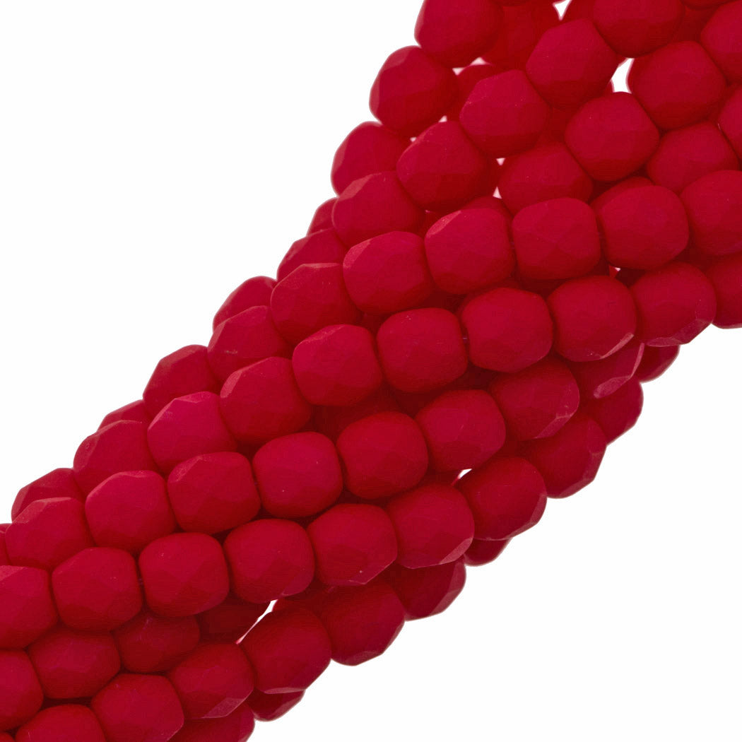 100 Czech Fire Polished 4mm Round Bead Saturated Red (25144)