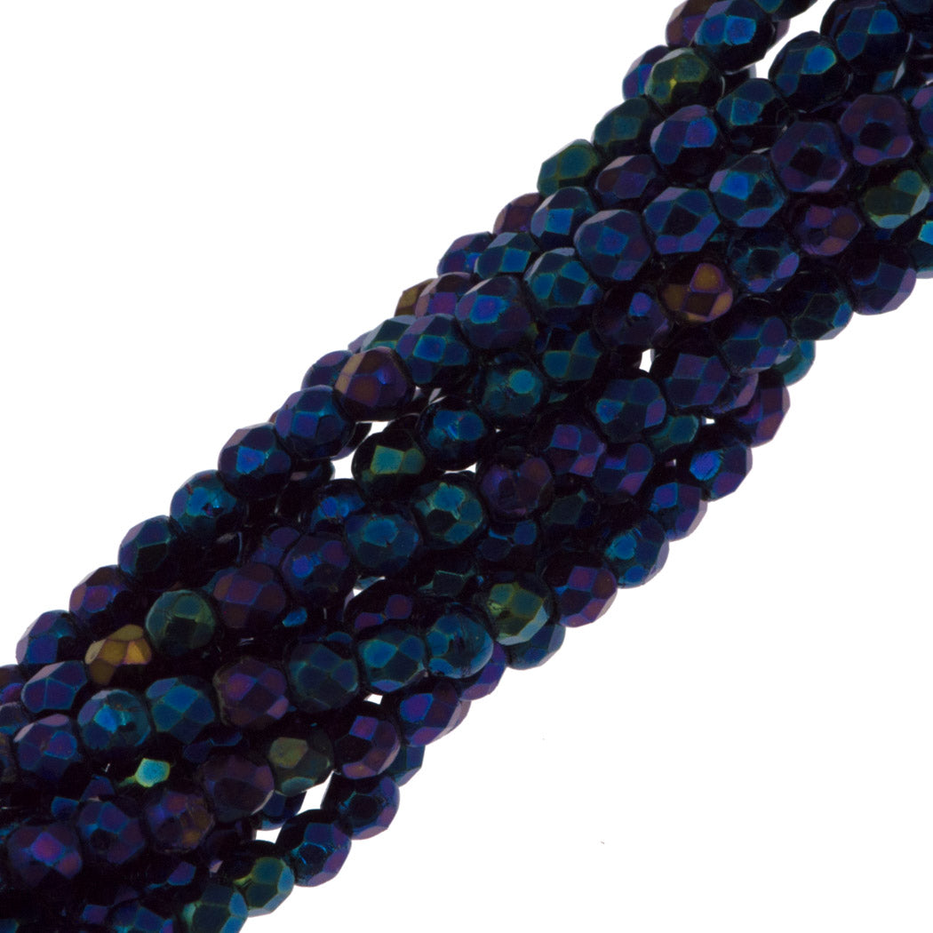 100 Czech Fire Polished 3mm Round Beads Blue Iris (21435)