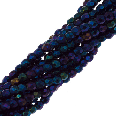 100 Czech Fire Polished 3mm Round Beads Blue Iris (21435)