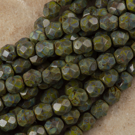 50 Czech Fire Polished 6mm Round Bead Opaque Olive Picasso (53420T)