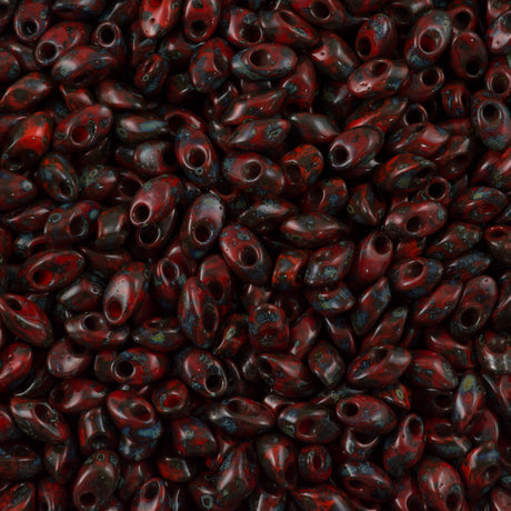 Miyuki Long Magatama Seed Bead Opaque Red Picasso 8g Tube (4513)