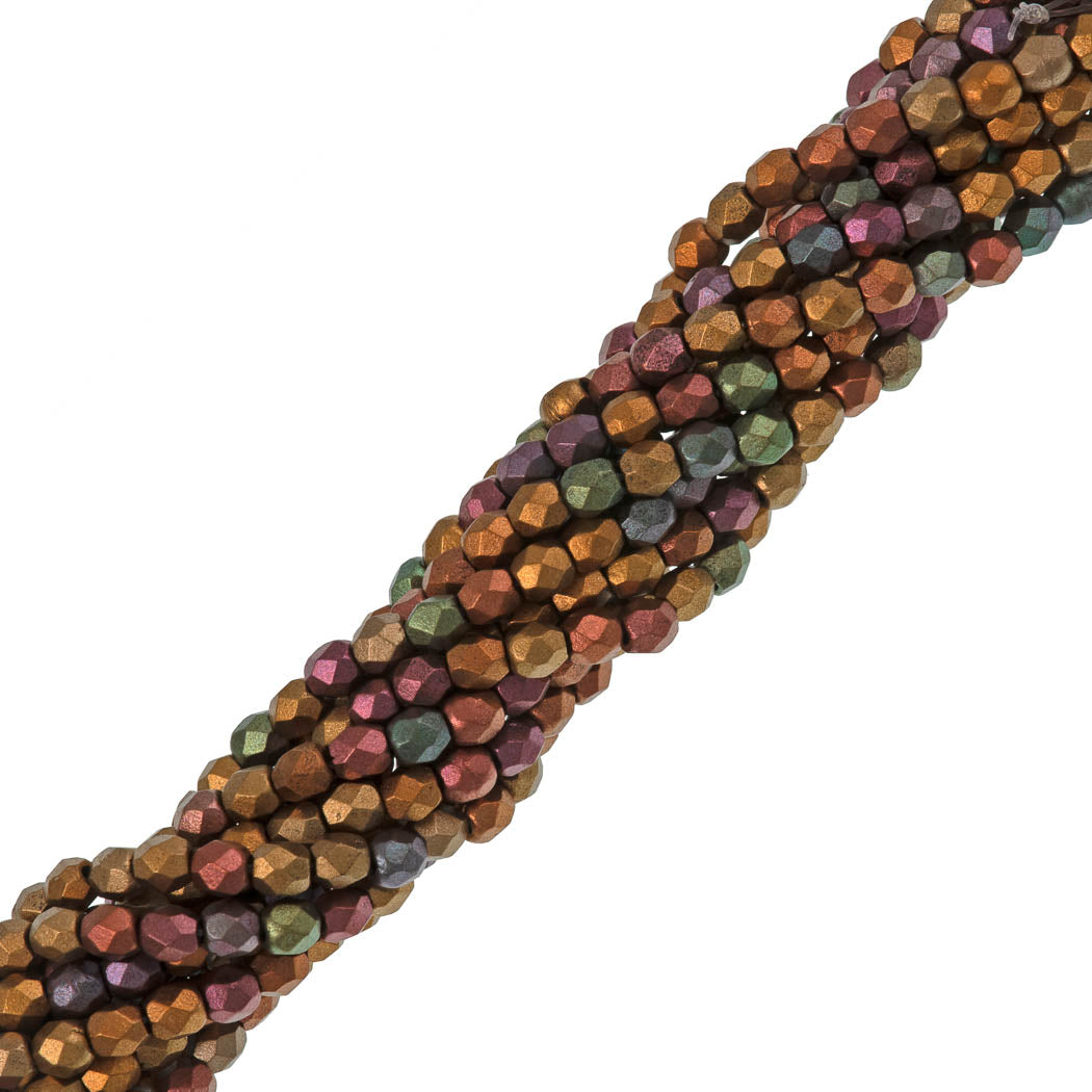 100 Czech Fire Polished 4mm Round Bead Matte Metallic Bronze Iris (01640K)
