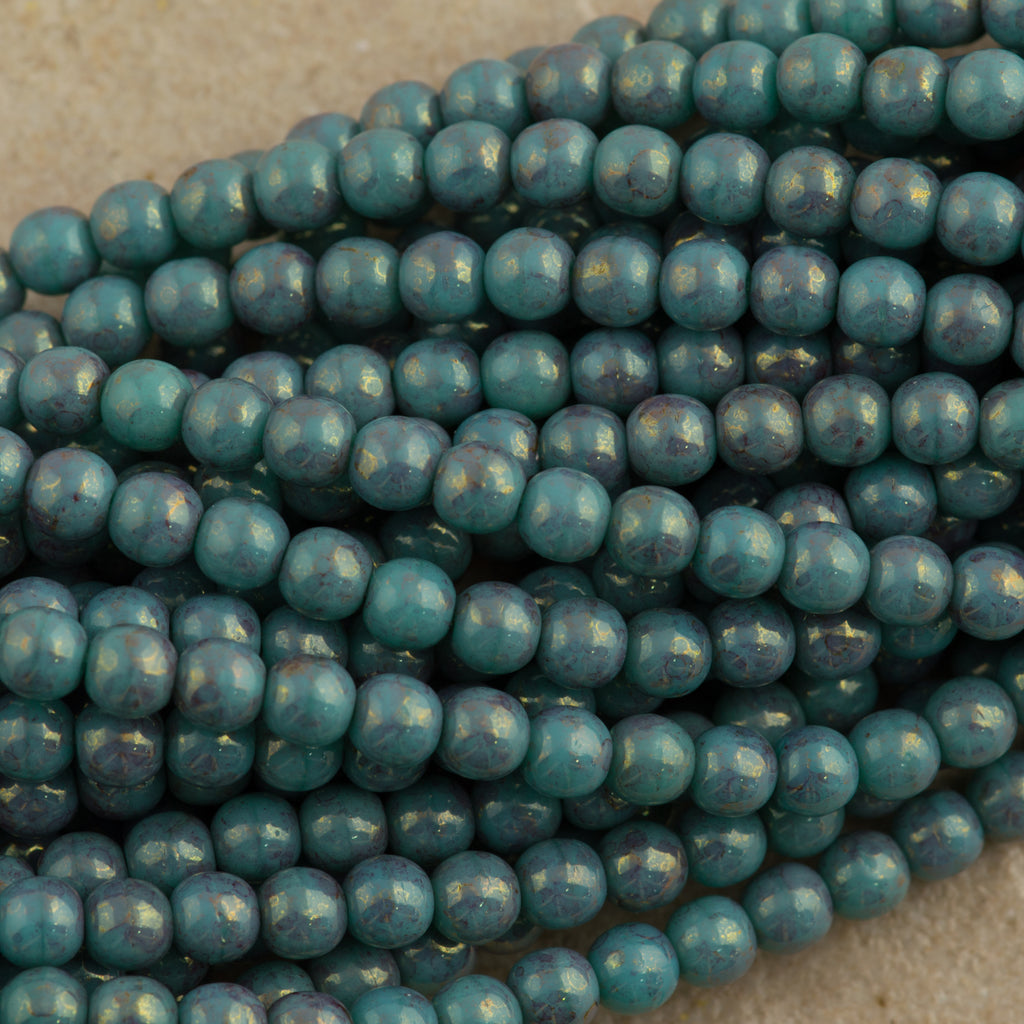 200 Czech 4mm Pressed Glass Round Beads Pink Luster Turquoise (63130PT)