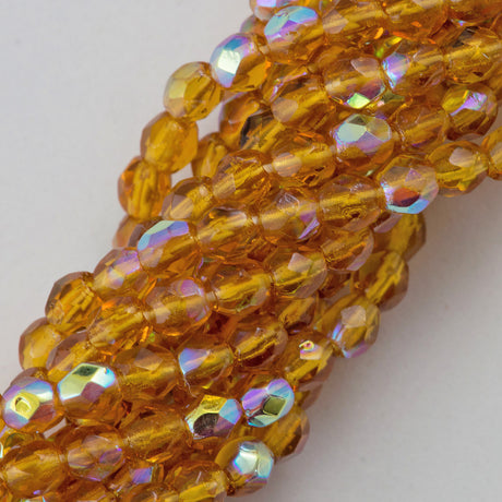 100 Czech Fire Polished 4mm Round Bead Dark Topaz AB (10090X)