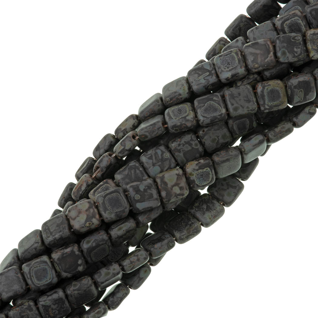 50 CzechMates 6mm Two Hole Tile Beads Matte Jet Picasso (23980TM)
