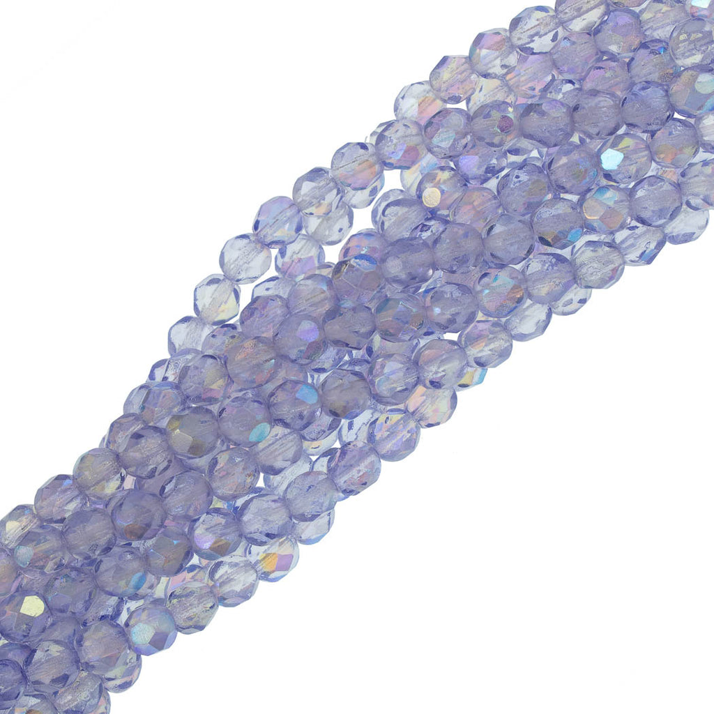 50 Czech Fire Polished 6mm Round Bead Coated Lavender AB (45123)