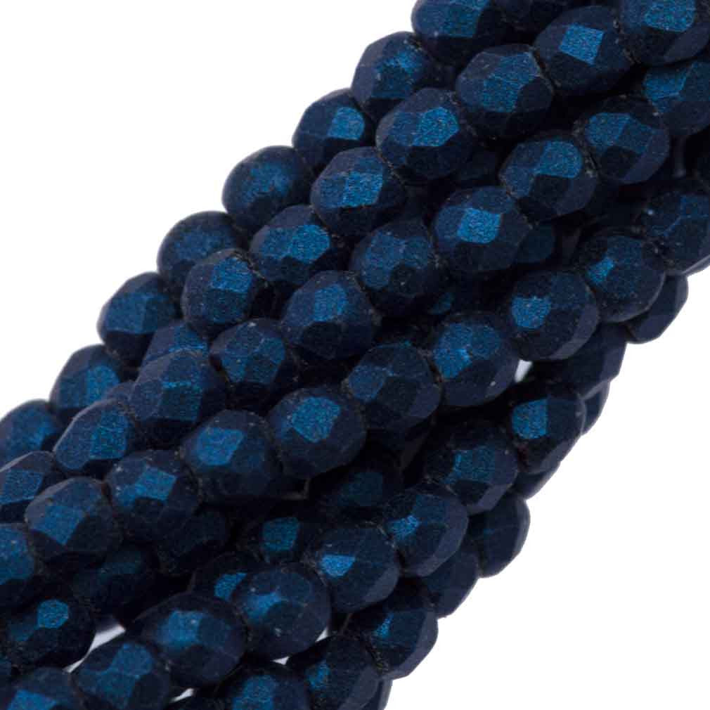 100 Czech Fire Polished 2mm Round Bead Metallic Suede Blue (79031)