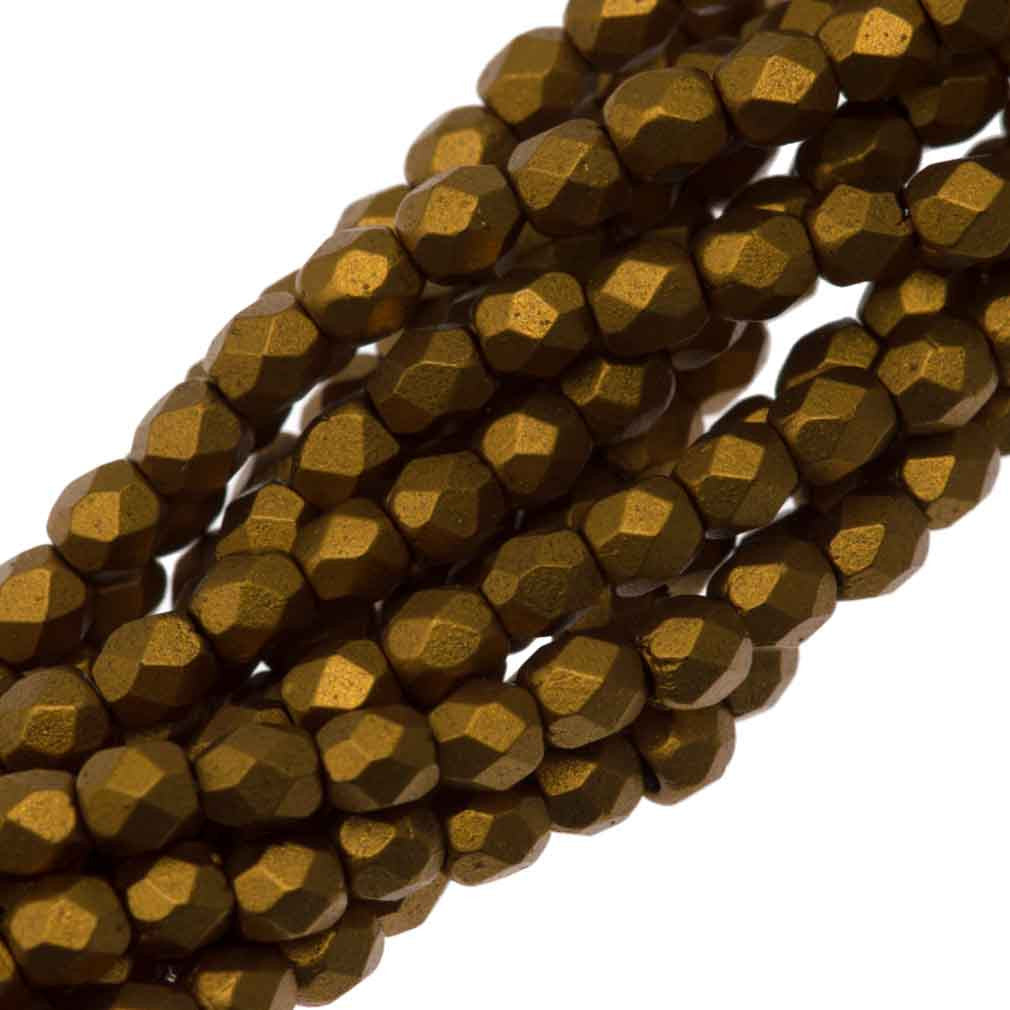 100 Czech Fire Polished 3mm Round Bead Matte Metallic Goldenrod (01730K)