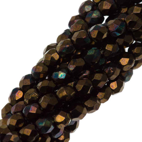 100 Czech Fire Polished 3mm Round Bead Bronze Vega Jet (23980Y)