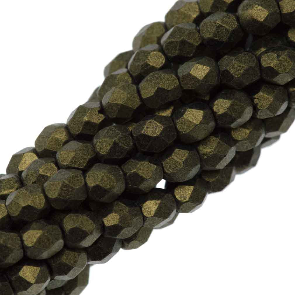 100 Czech Fire Polished 3mm Round Bead Metallic Suede Gold (79080)