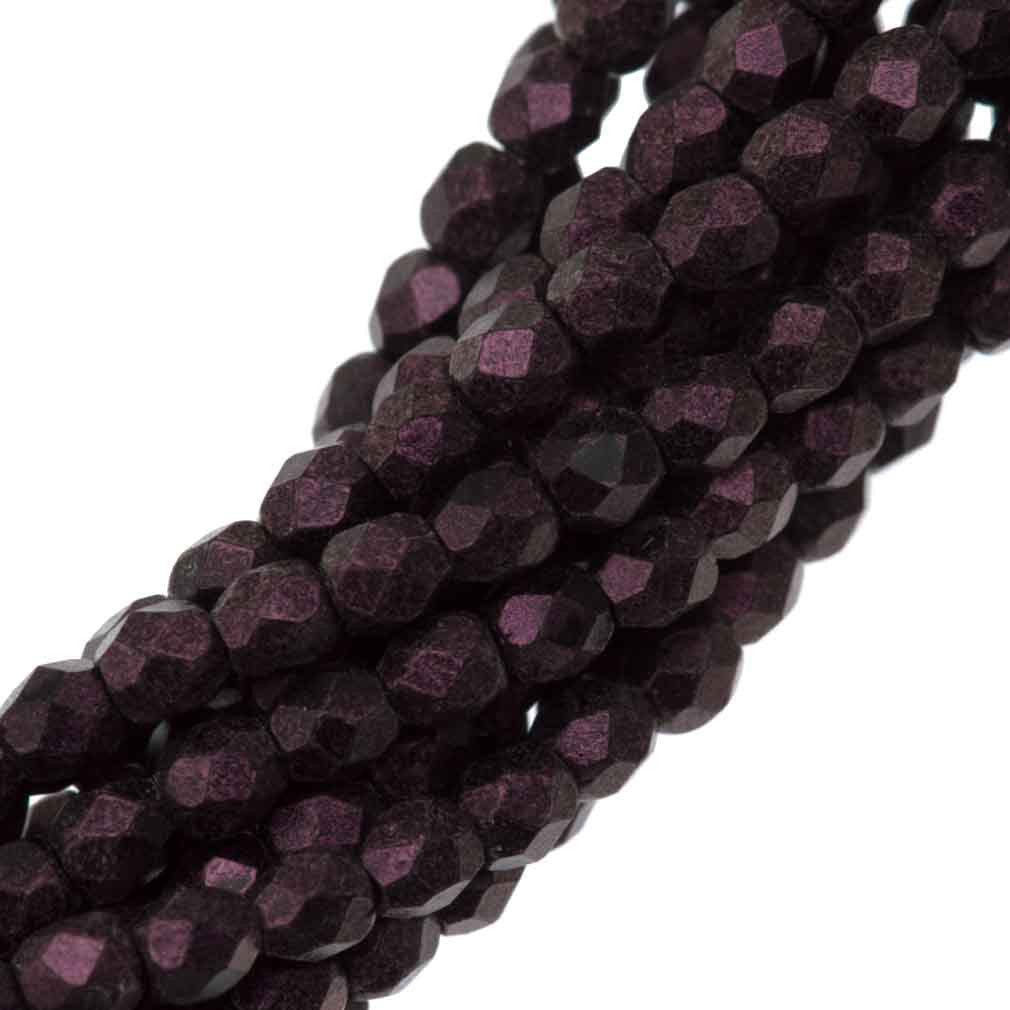 100 Czech Fire Polished 3mm Round Bead Metallic Suede Pink (79086)