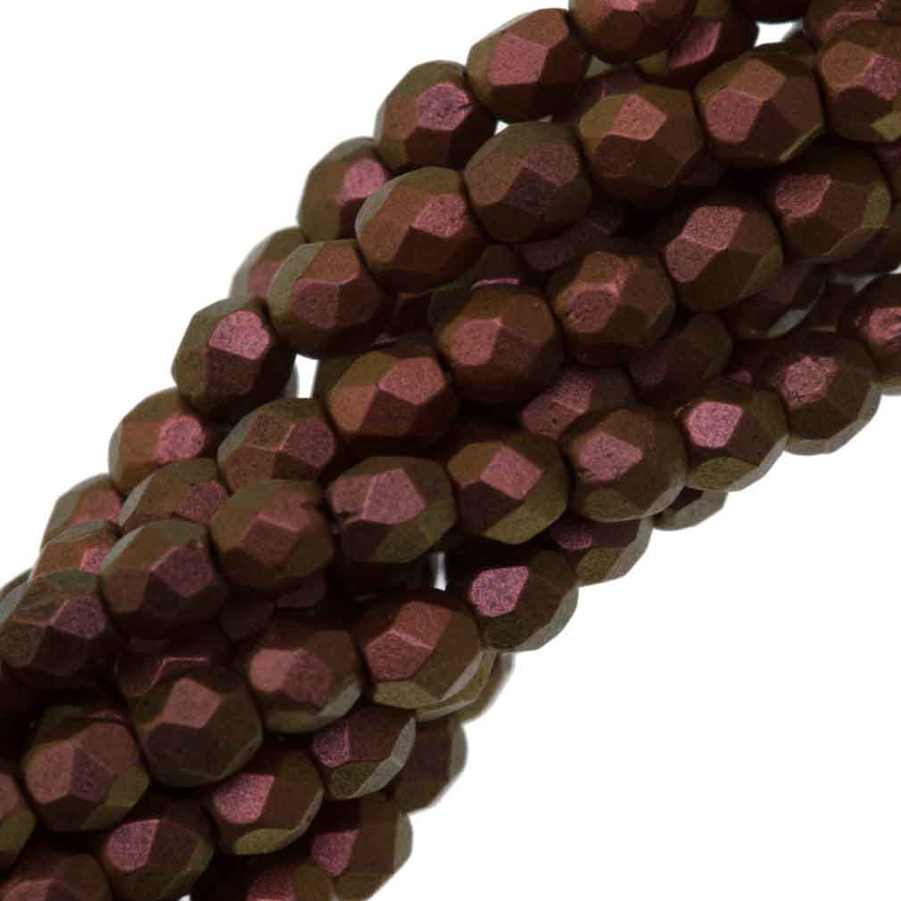 100 Czech Fire Polished 3mm Round Bead Polychrome Copper Rose (94100)