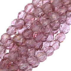 100 Czech Fire Polished 4mm Round Bead Transparent Topaz Pink Luster (15495)