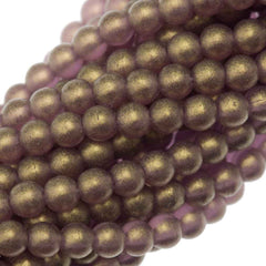 200 Czech 4mm Pressed Glass Round Beads Gold Suede Amethyst (20060MSG)