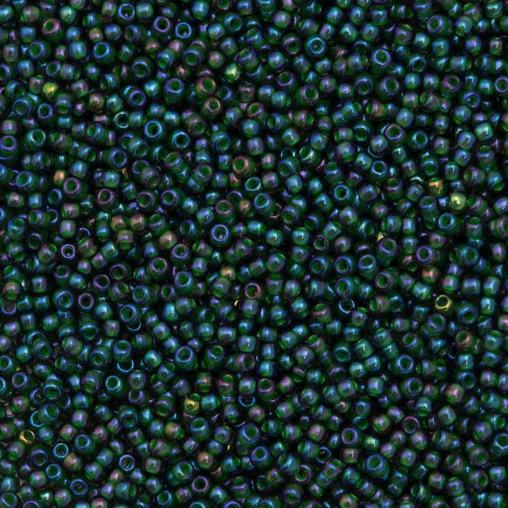 Toho Round Seed Bead 11/0 Montana Blue Inside Color Lined Green AB 19g Tube (384)