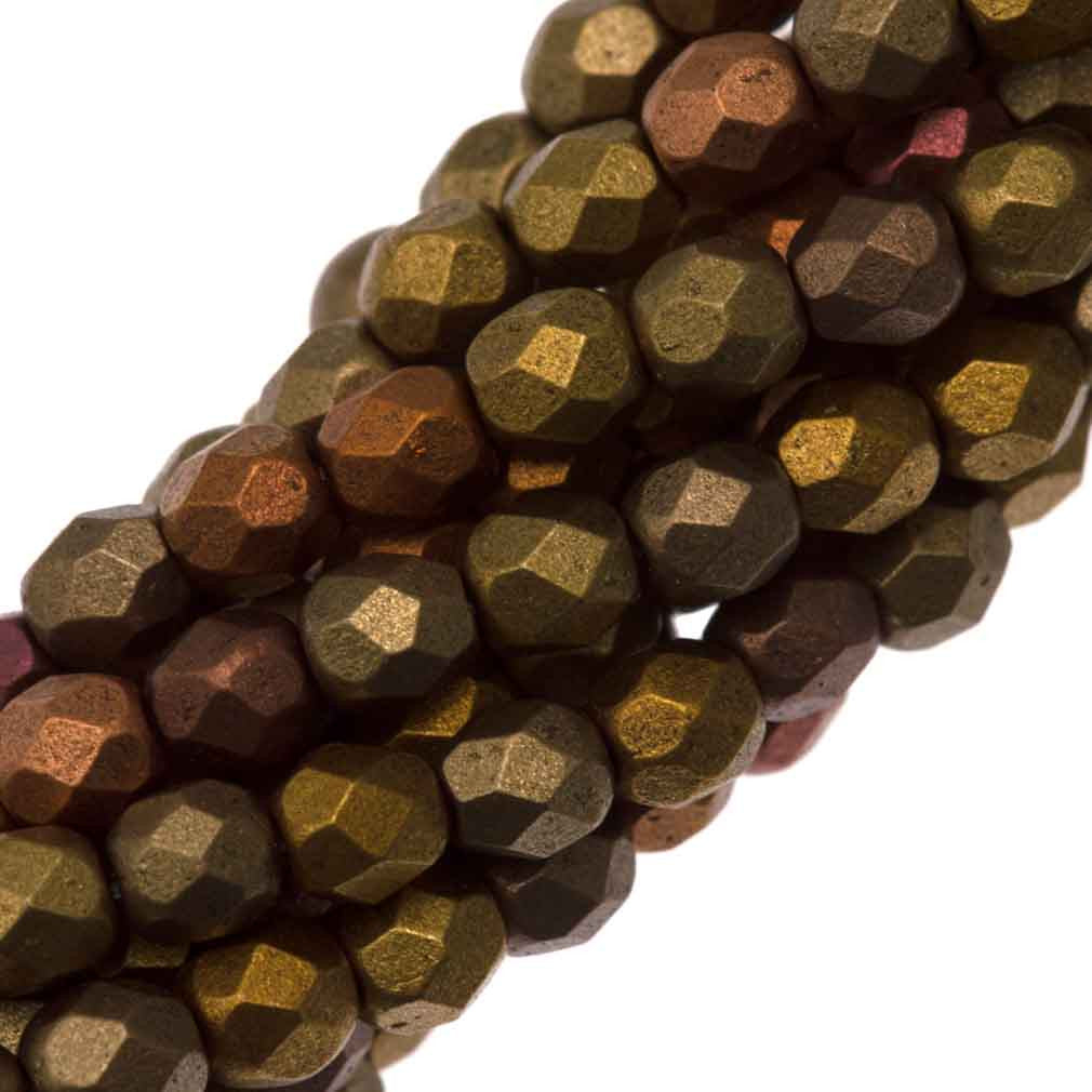 100 Czech Fire Polished 4mm Round Bead Matte Metallic Copper Iris (01620K)