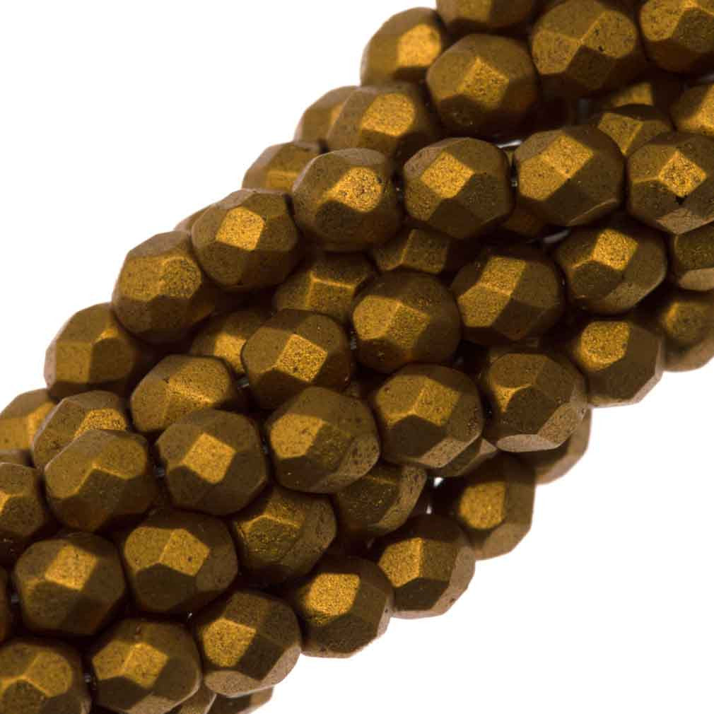 100 Czech Fire Polished 4mm Round Bead Matte Metallic Antique Gold (01740K)