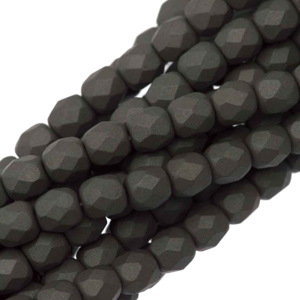 100 Czech Fire Polished 4mm Round Bead Saturated Grey (29566)