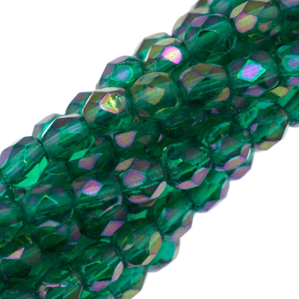 100 Czech Fire Polished 4mm Round Bead Emerald Luster Iris (50730LR)