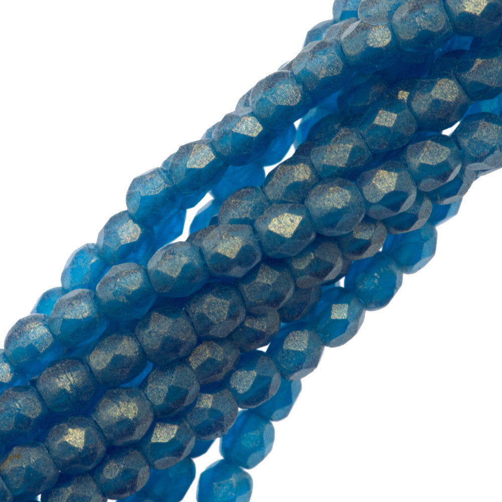 100 Czech Fire Polished 2mm Round Bead Gold Suede Capri Blue (60080MSG)
