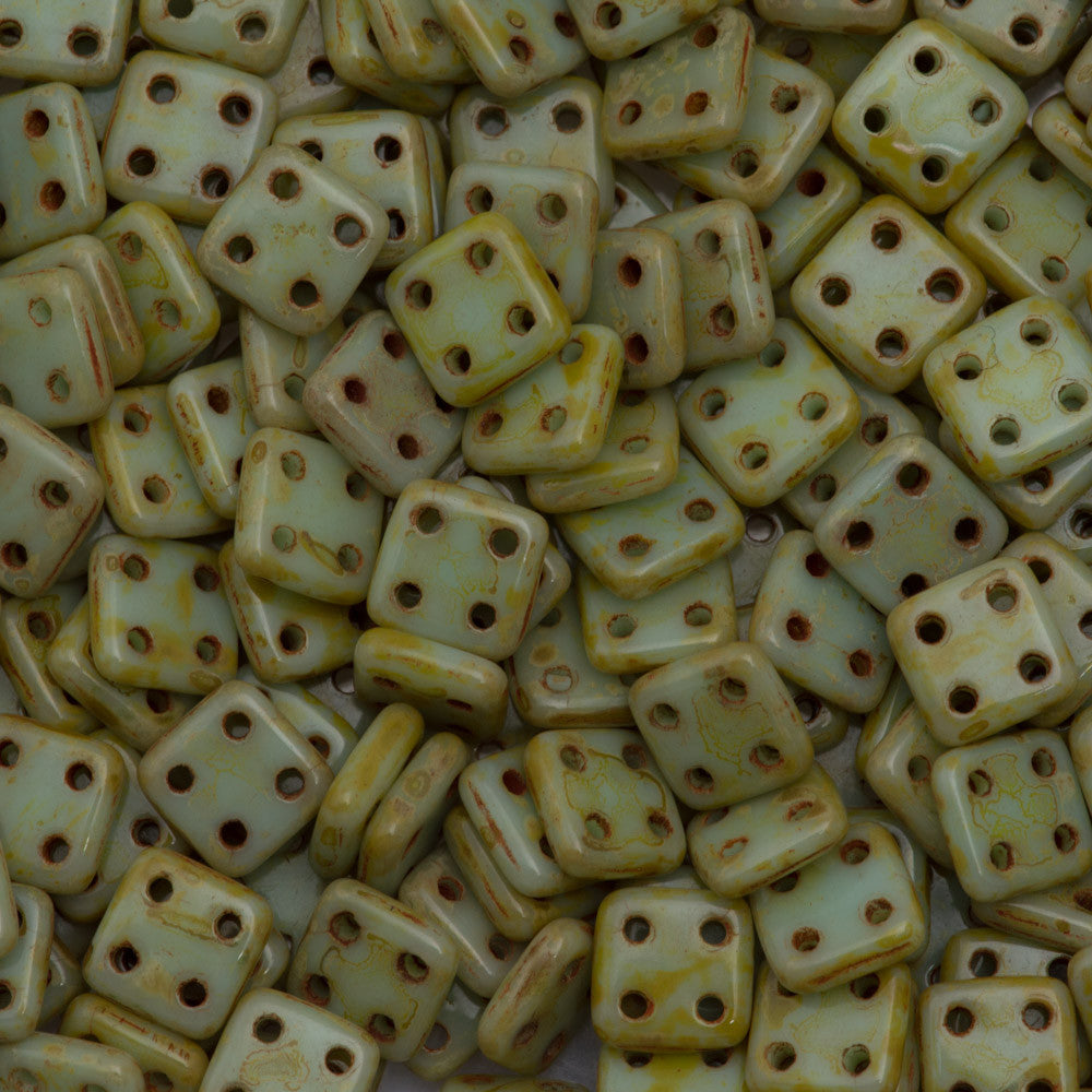 CzechMates 6mm Four Hole Quadratile Opaque Pale Turquoise Picasso Beads 15g (63100T)