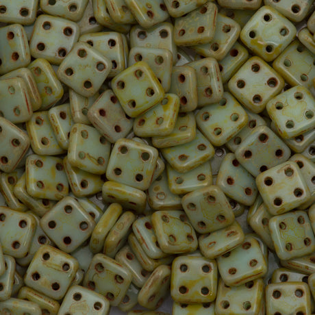 CzechMates 6mm Four Hole Quadratile Opaque Pale Turquoise Picasso Beads 15g (63100T)