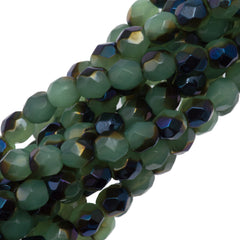 100 Czech Fire Polished 4mm Round Bead Blue Iris Milky Dark Peridot (52010BR)