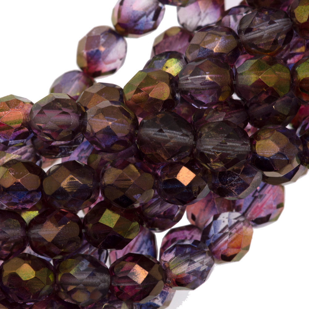 50 Czech Fire Polished 8mm Round Bead Amethyst Crystal Luster (91011)