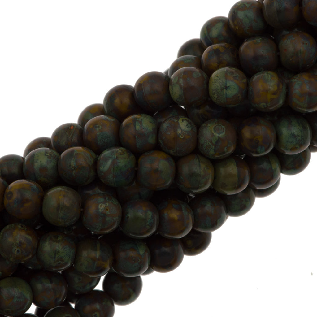 100 Czech 6mm Pressed Glass Round Goldenrod Picasso Beads (13740T)